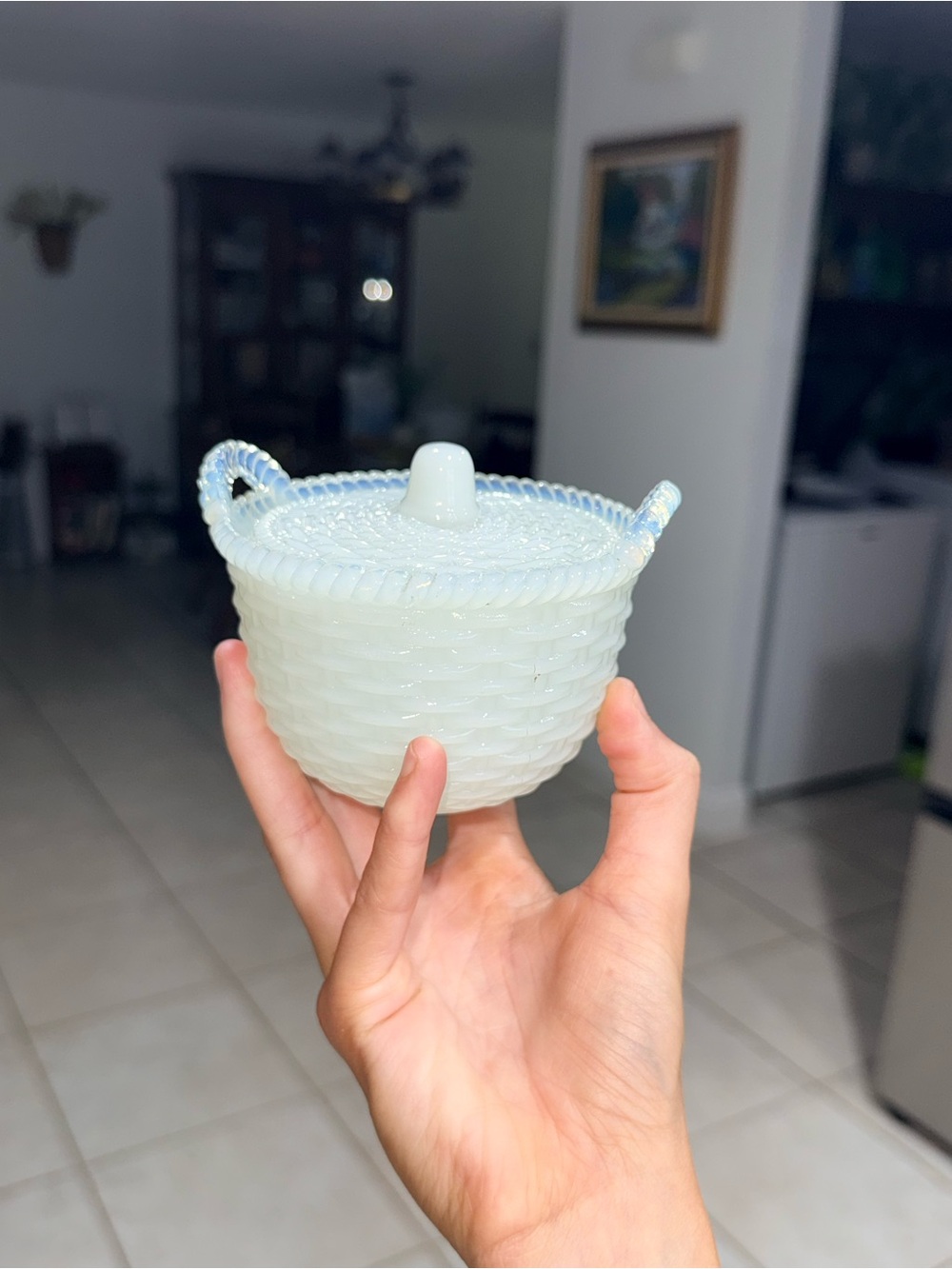 Westmoreland Vintage Milk Glass Pressed Basket Candy Dish with Lid
